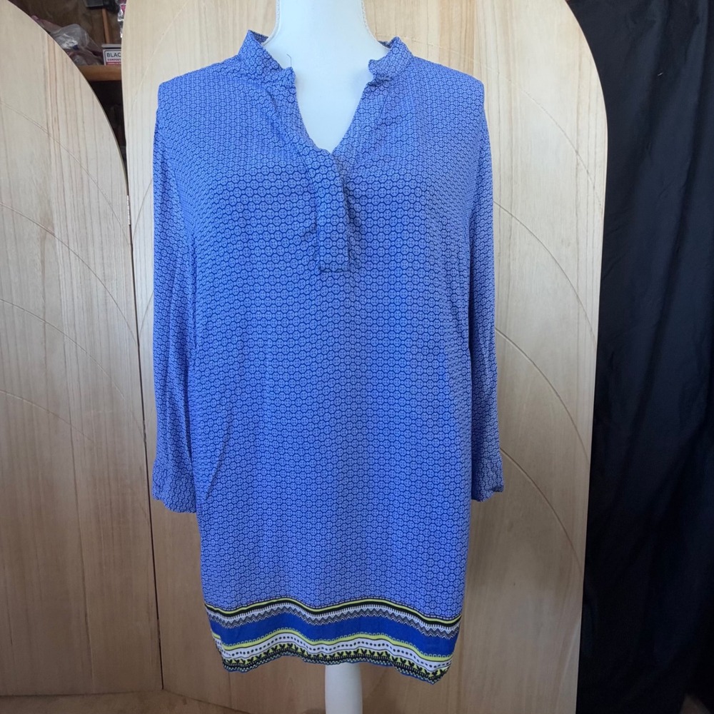 Cynthia Rowley Tunic Top Womens 1X Blue Geometric Print Rayon Ruffle V-Neck Boho